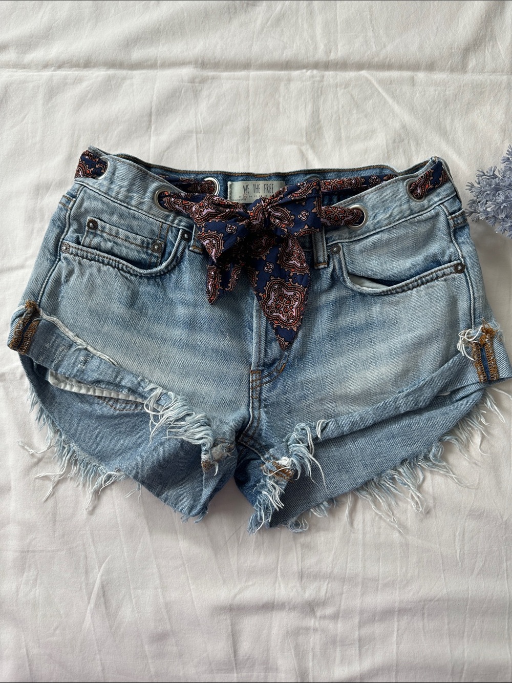 We The Free Light Wash Denim Fringe Women's Shorts with Paisley Tie